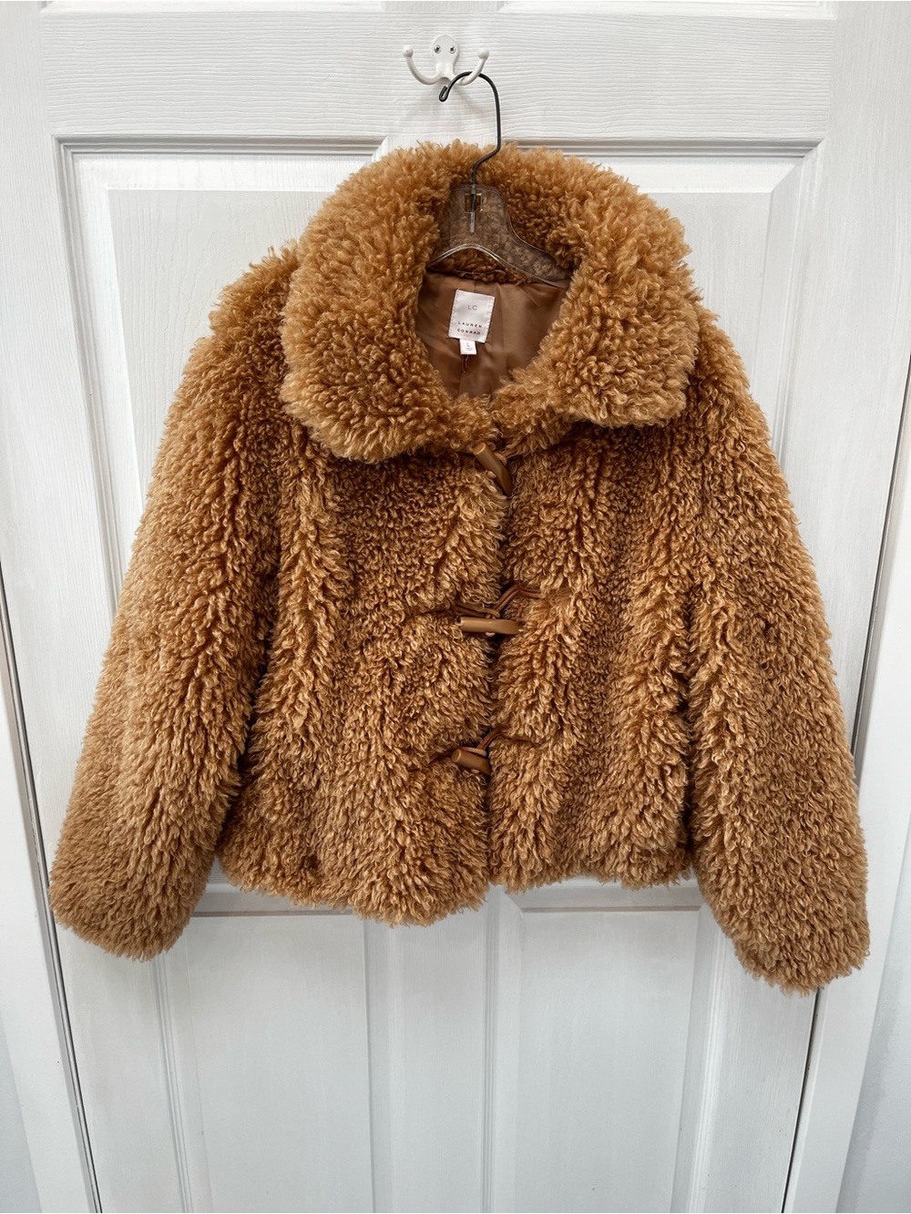 LC Lauren Conrad Camel Faux Fur Toggle Cropped Teddy Jacket Plush Sherpa Large